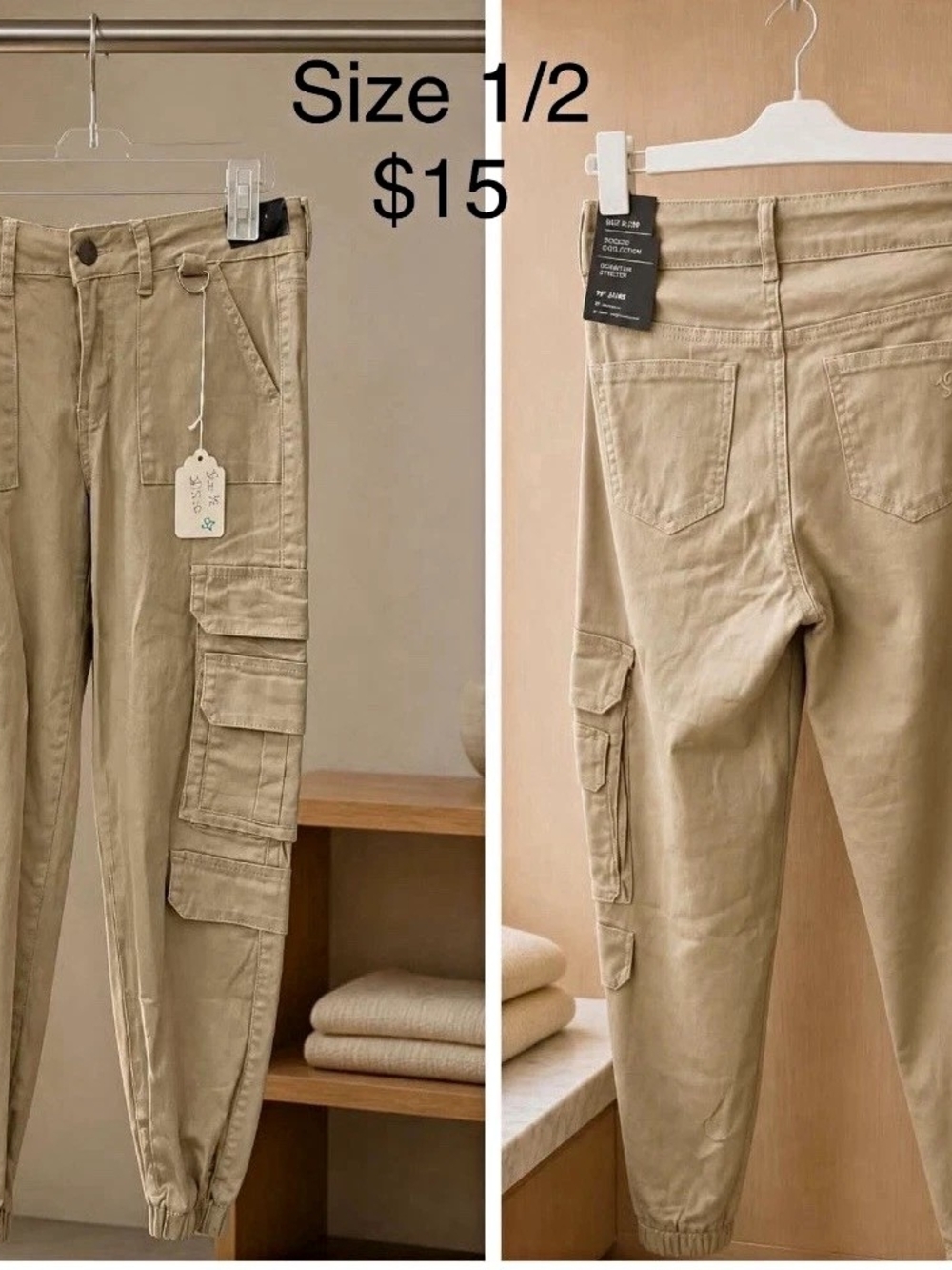 VIP Jeans Women’s Beige Solid Cargo Pants, Regular Size 1/2, Pockets